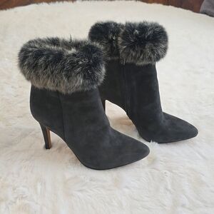 Antonio Melani Leather Ankle Boots 5.5 Fur Trim Gray Stiletto Heel Pointed Toe